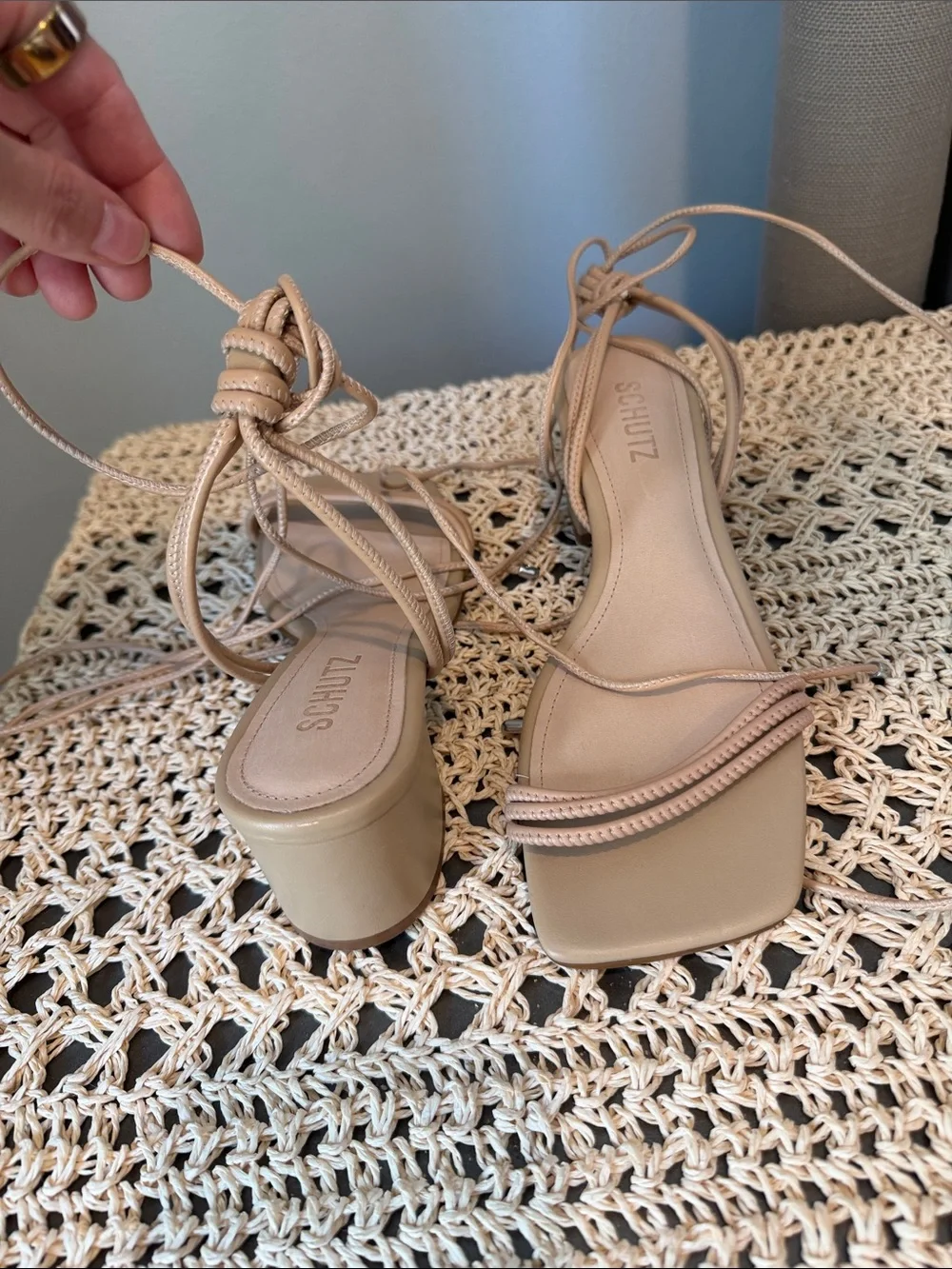 SCHUTZ Nude Lace-Up Square Toe Block Heel Sandals
